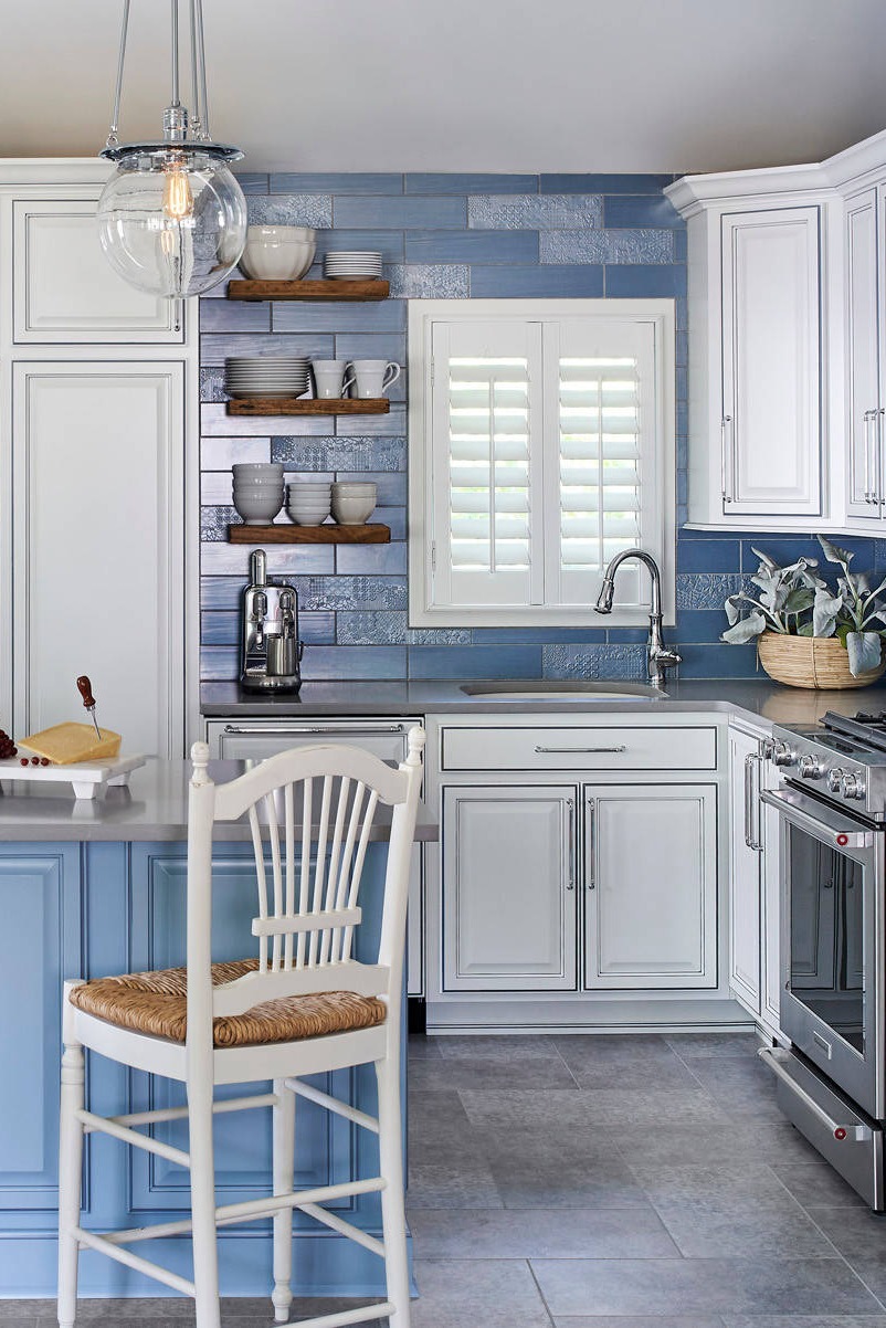 Blue Backsplash White Cabinets Stainless Steel Appliances Kitchen With Blue Subway Tile Backsplash Stone