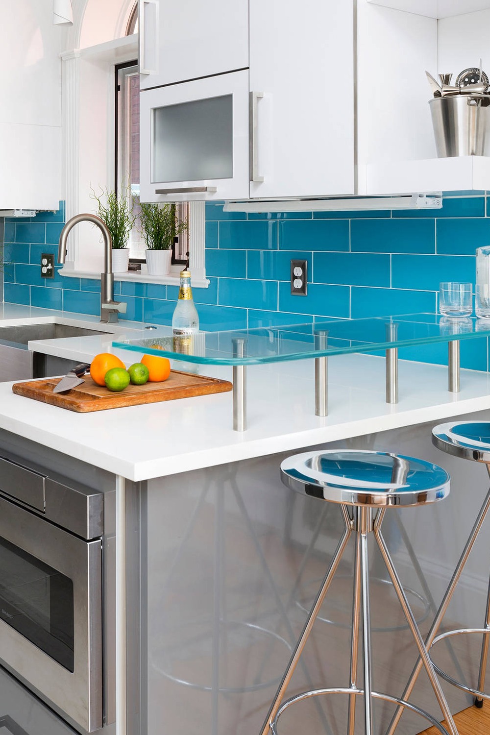 Blue Tiles With Gray Cabinets White Upper Cabinets Farmhouse Sink Subway Tile Stove Wood Kitchen Island