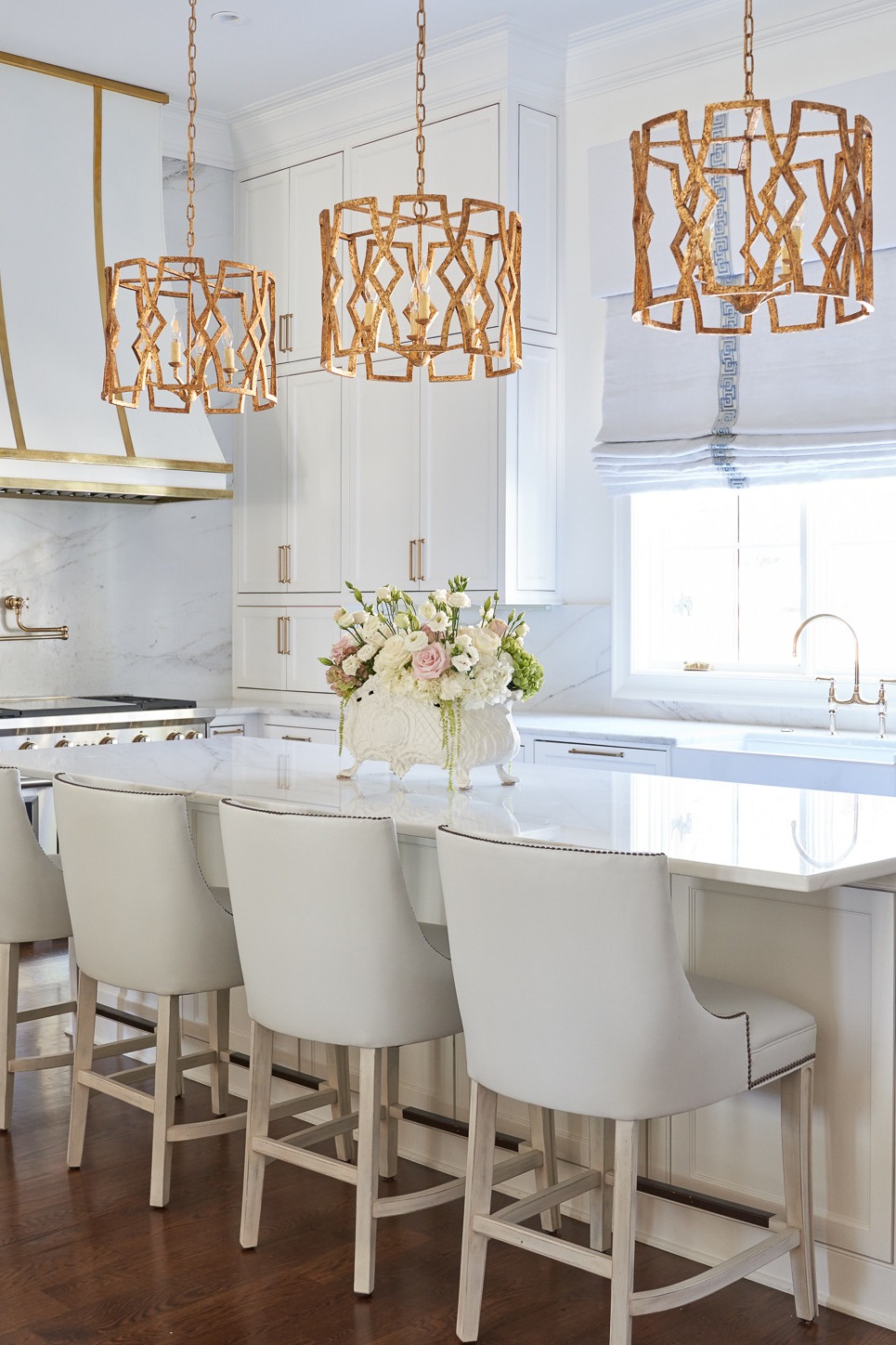 Kitchen Stone Backsplash With White Cabinets Marble Backsplash White Cabinetry Pendant Lights