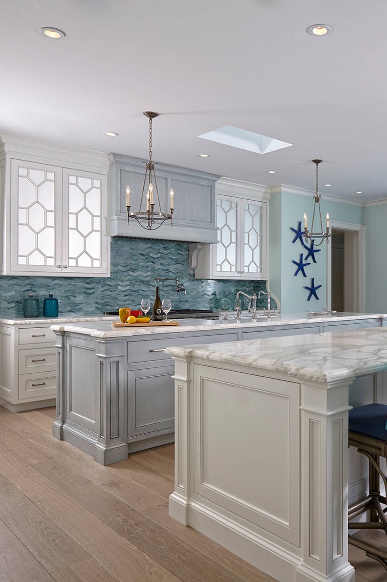 White Cabinets Blue Kitchen Island Farmhouse Sink White Countertops Backsplash Tile Stainless Steel Create