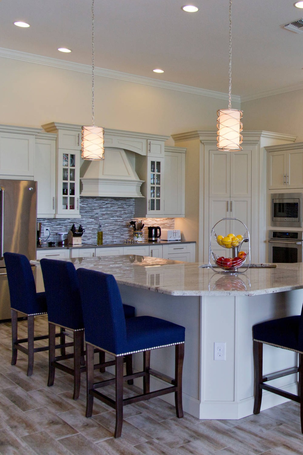 White Cabinets Kitchen With Blue Backsplash Island Countertop Tiles