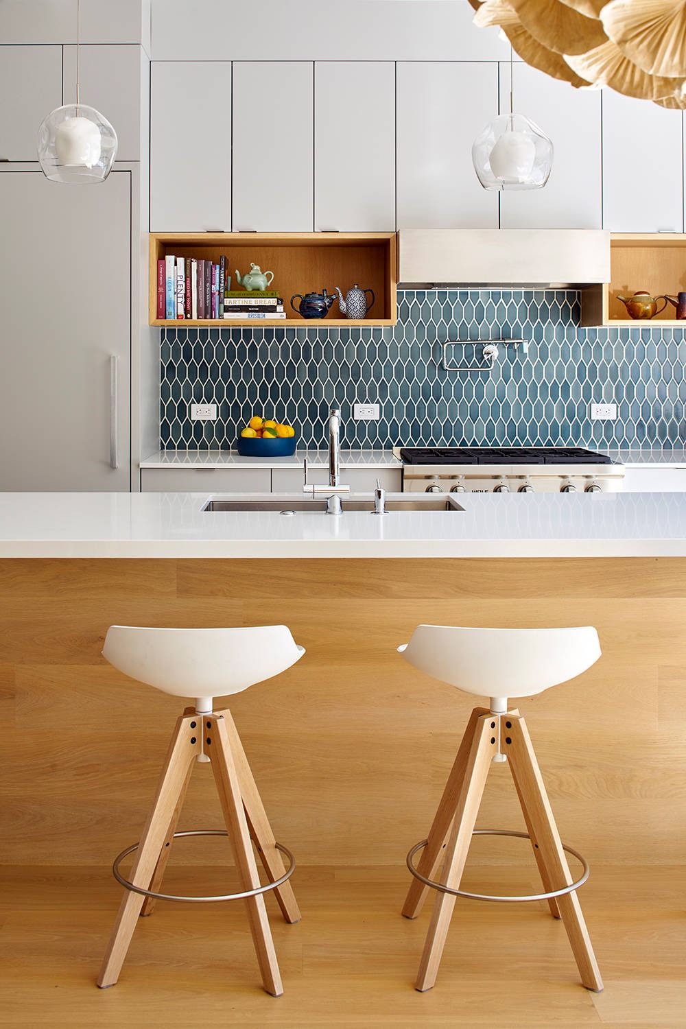 White Cabinets Quartz Countertops Undermount Sink Blue Tiles Kitchen Sink Stainless Steel