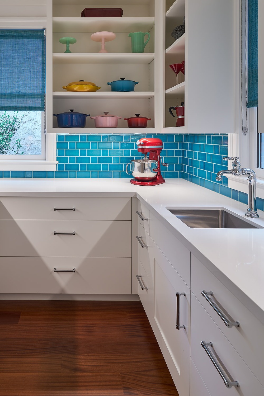 White Quartz Countertops Kitchen With Blue Backsplash Tile Drawers Sink Stone Space