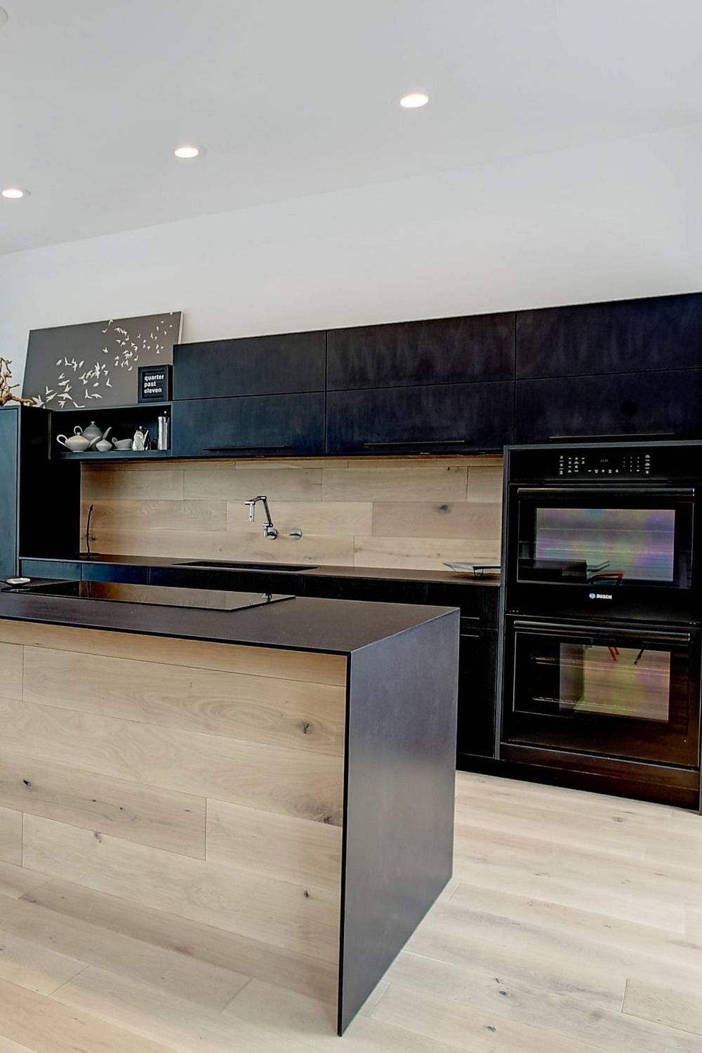 Black Quartz Countertop Black Cabinets Style Light Wood Floor Space