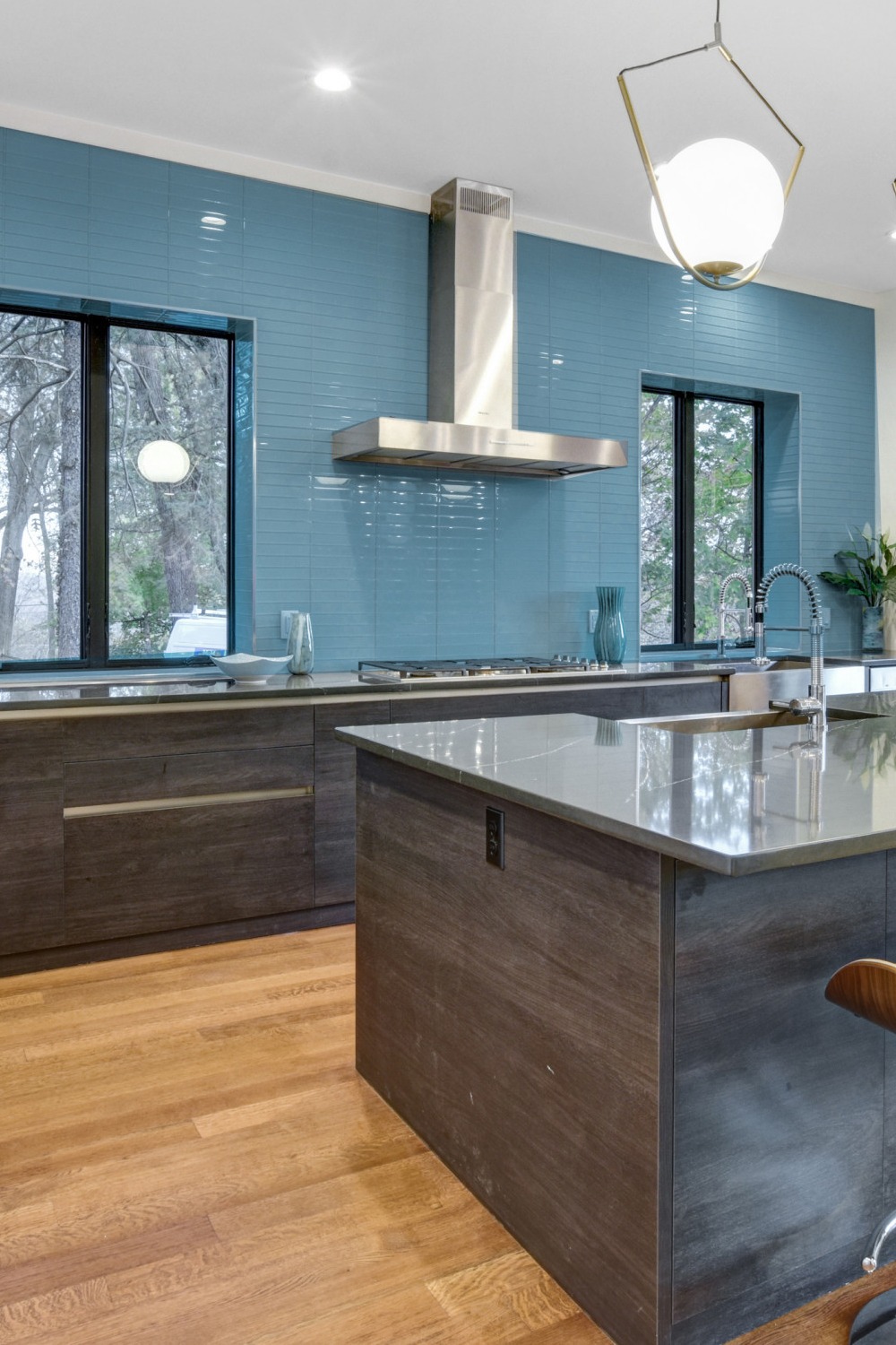 Black Quartz Countertops Black Veins Blue Subway Backsplash Eye Catching Kitchen Design