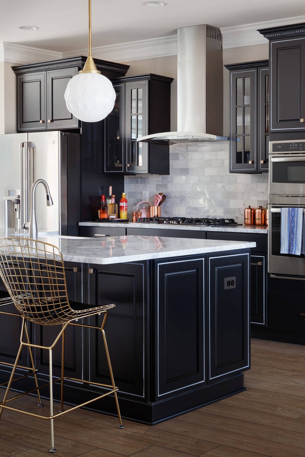 Dark Wood Cabinets White Accents Timeless Appeal Marble White Backsplash With Dark Cabinets Subway Tile Brown Floor