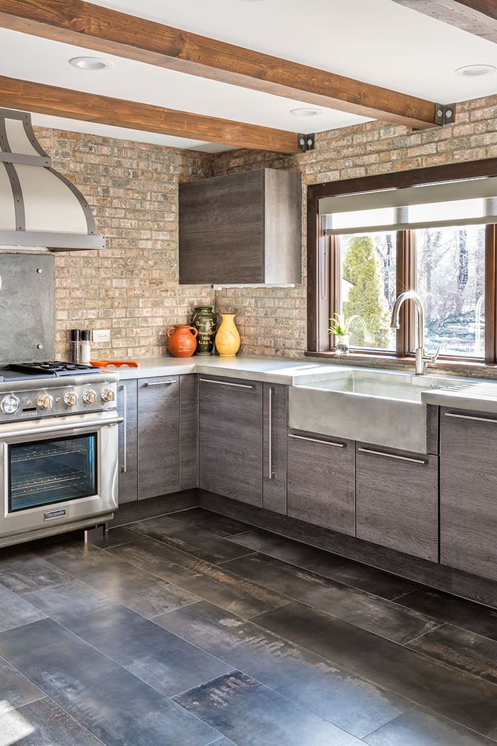 Gray Brick Backsplash Gray Cabinets Concrete Countertops Farmhouse Kitchen Design
