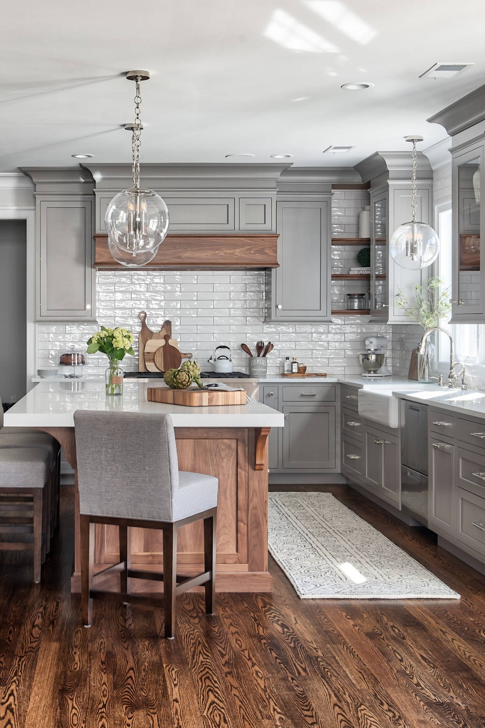 Grey Kitchen Cabinets Farmhouse Sink White Backsplash Quartz Countertops Tile