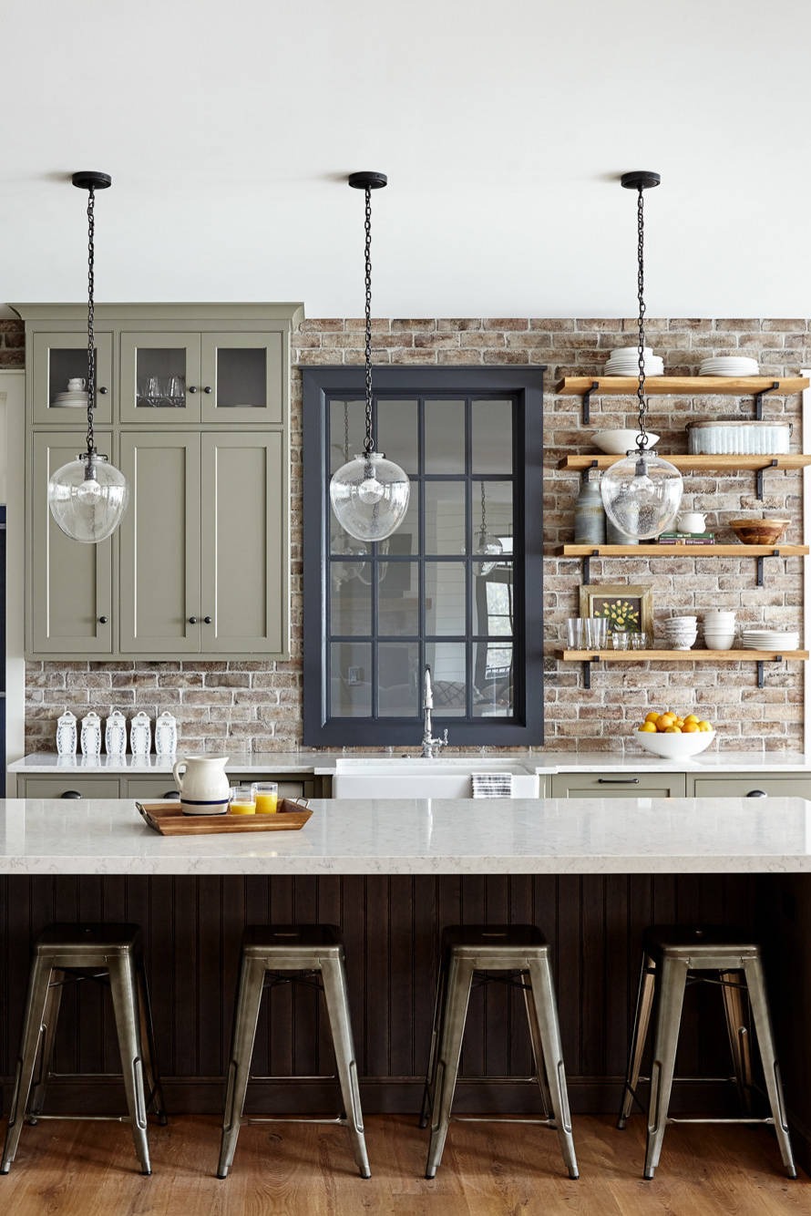Painted Brick Backsplash Wood Floor Totally Transform Kitchen Design Black Knobs Kitchen Island White Countertop