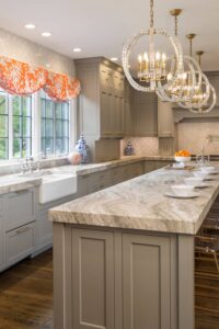 Kitchen Window Fabric Shades Miter Edge Countertops Gray Cabinets Dark Floor Farmhouse Sink