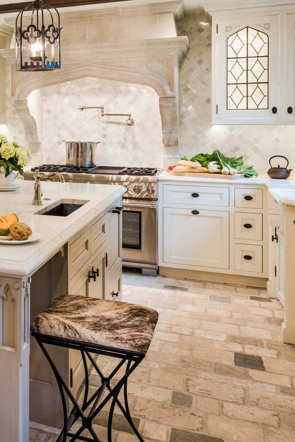 French Country White Kitchen Cabinet Space White Cabinets Black Hardware Travertine Floor