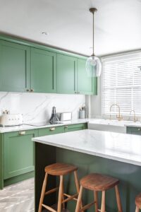 Green Painted Kitchen Cabinet Ideas Kitchen Cabinets Green Paint Farmhouse Sink Full Height Backsplash Brass Hardware Faucet Cook Top