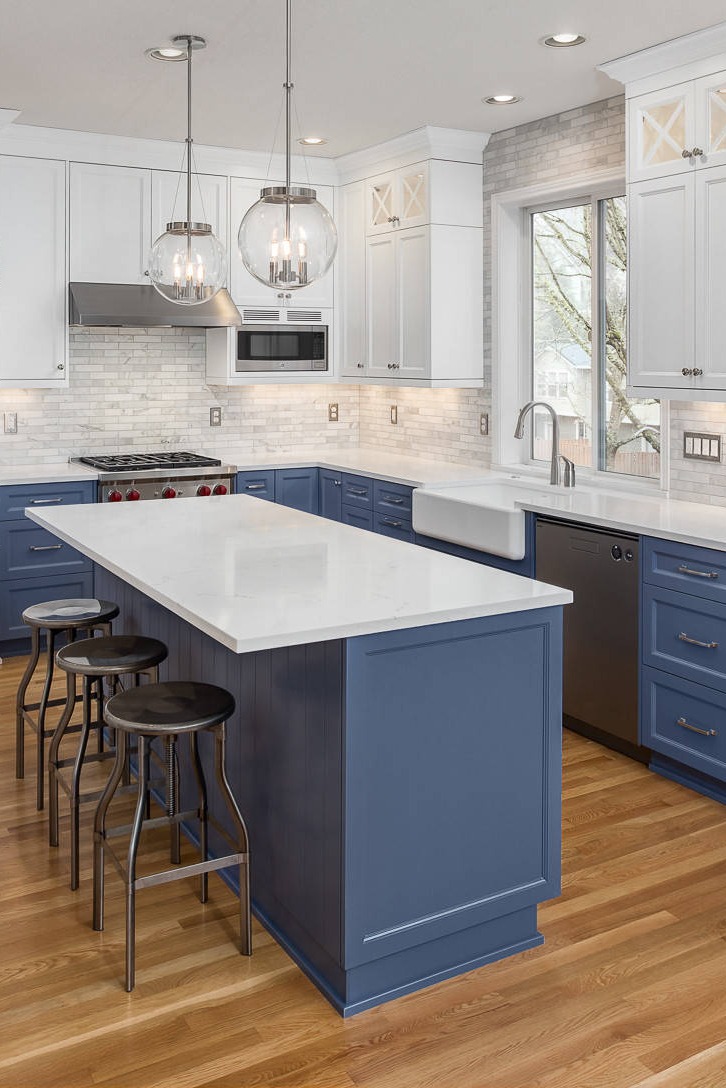 Marble Tile Backsplash Countertop Floor Blue Cabinets Countertops Kitchen Island