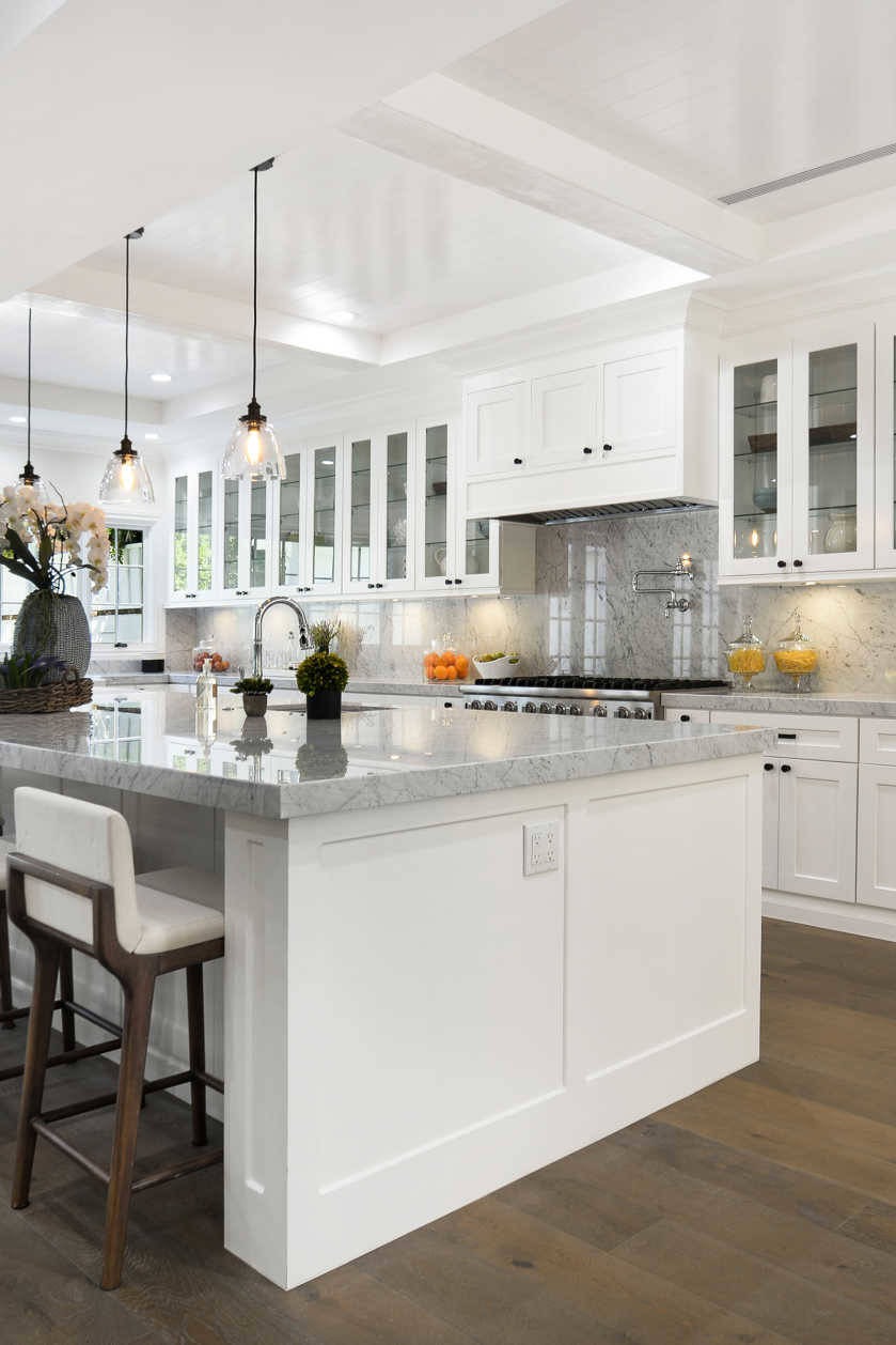 White Cabinetry Off White Kitchen Cabinet Space Full Height Backsplash Marble Countertop
