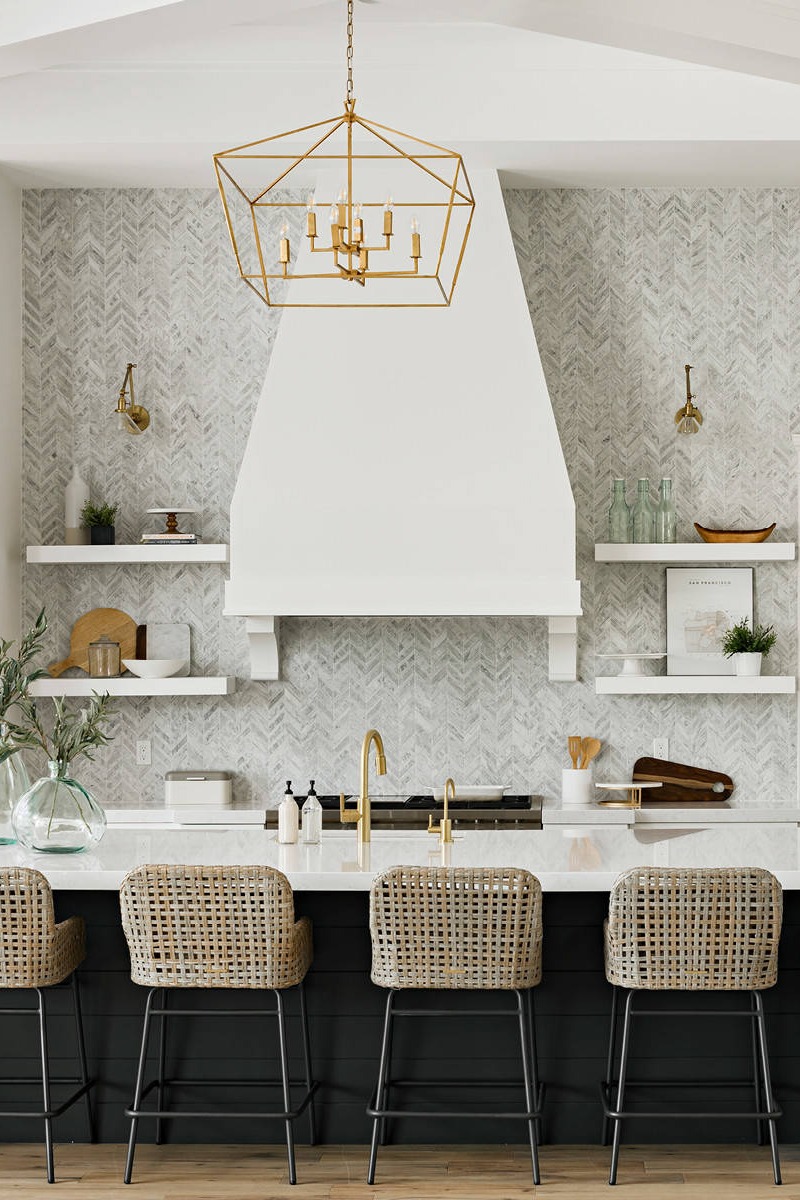 Black Cabinets Floating Wood Shelves Bar Stools Tile Backsplash Gold Fixtures Range Hood