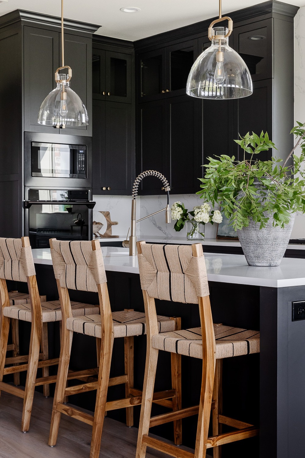 Black Raised Panel Cabinets Exposed Brick Wall Black Kitchen Cabinets Sophisticated Contrast