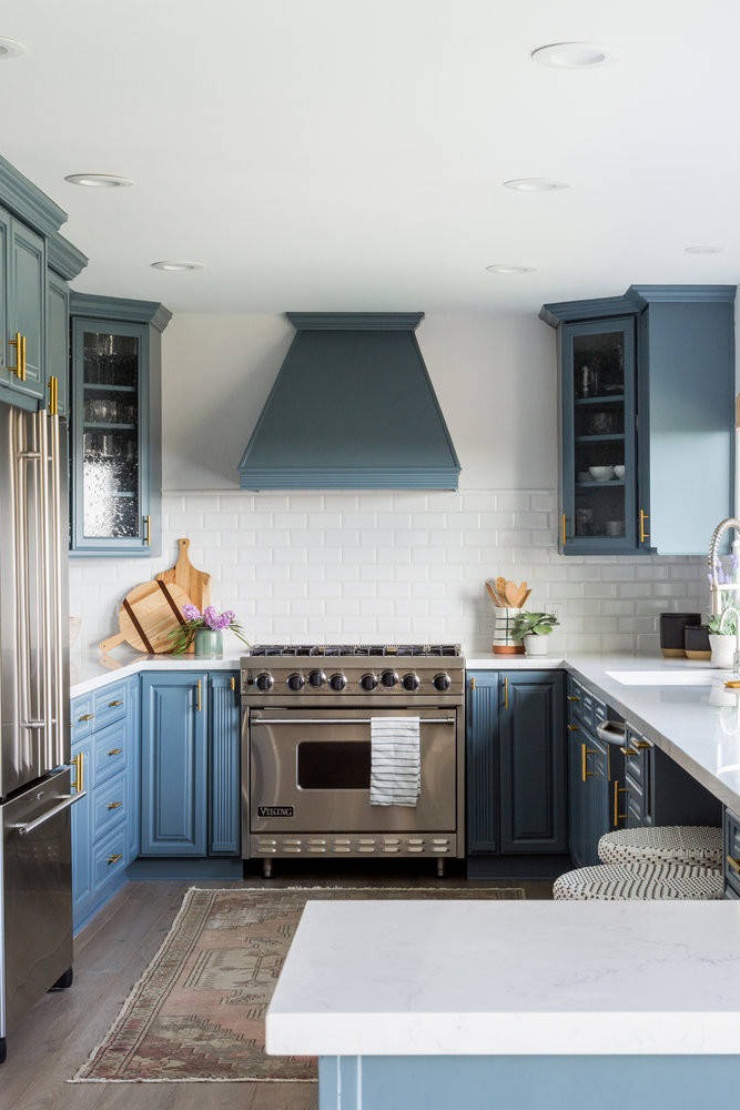 Blue Kitchen Cabinets Kitchen Island Blue And White Cabinets Brick Backsplash White Counters