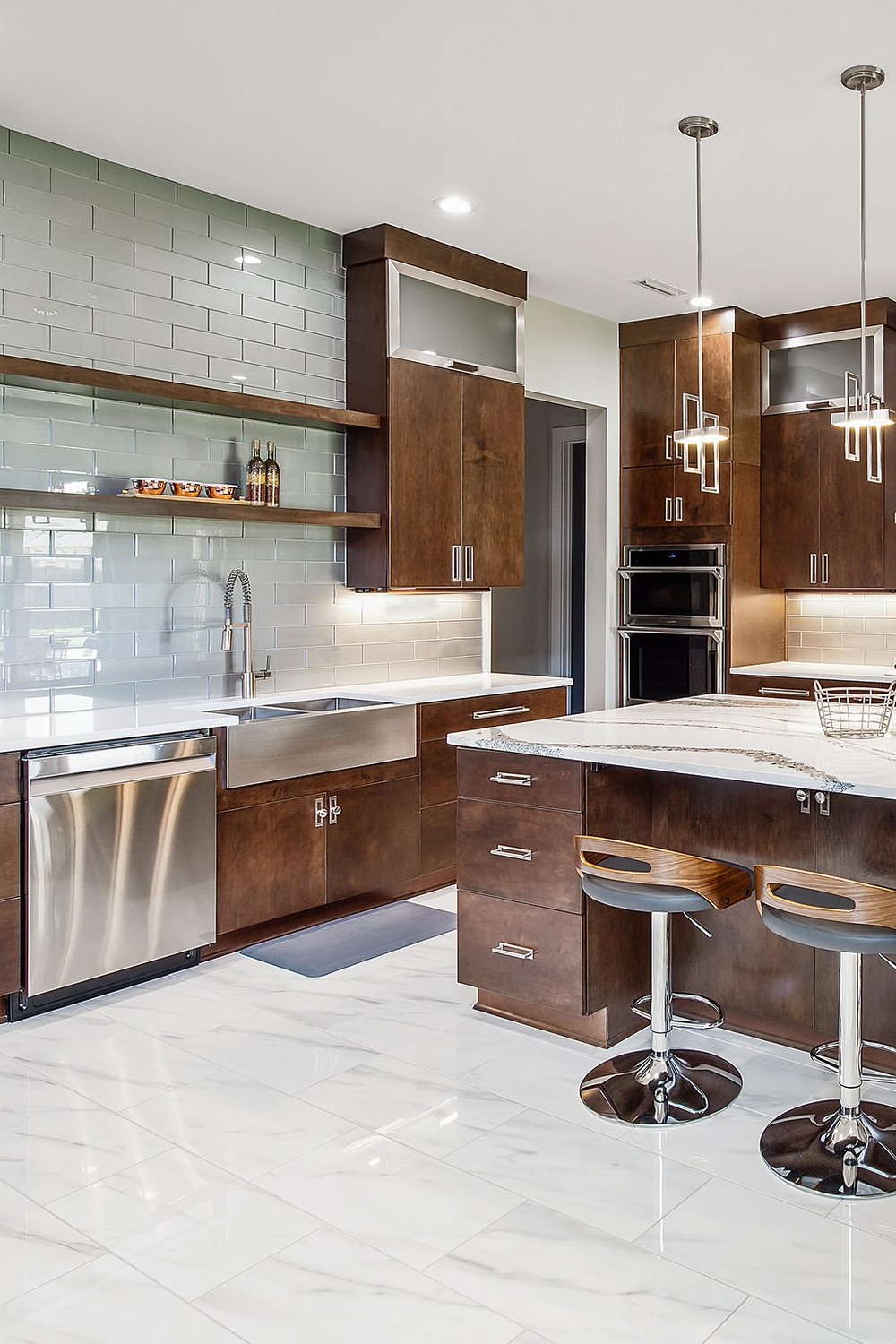 Brown Kitchen Cabinets Brown Tile Backsplash Appliance Finish White Kitchen Design Walls Sink