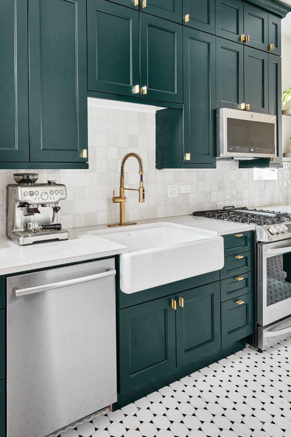 Deep Green Kitchen Cabinets White Tile Backsplash Space Sink Shade Inspiration Gray