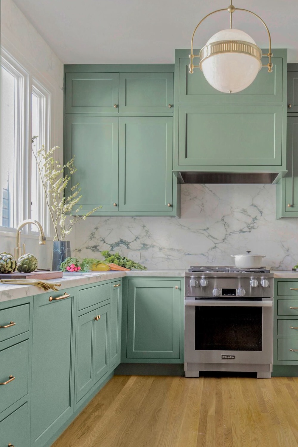 Hunter Green Cabinets White Marble Countertop Quartz Backsplash White Kitchen Fresh