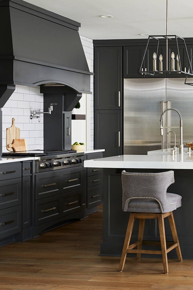 Kitchen Design White Kitchen Subway Tiles Light Wood Floors Black Cabinetry Cabinets