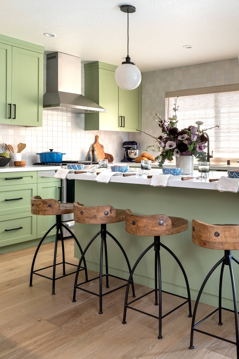 Kitchen With Green Cabinets White Backsplash White Countertops Ideas Island Inspiration