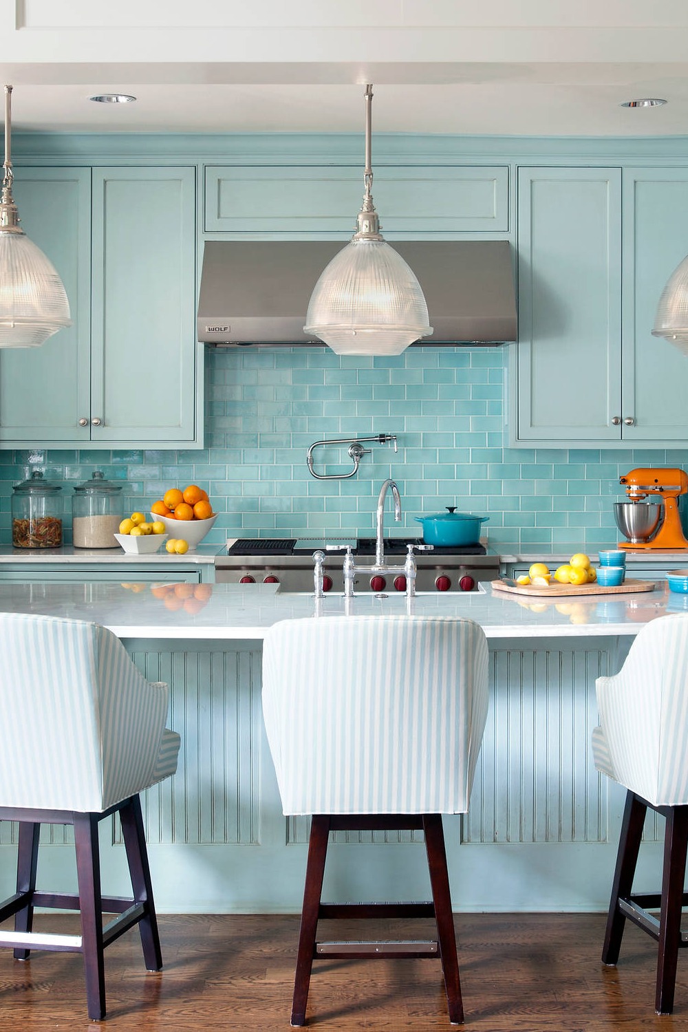Light Blue Cabinets Gold Hardware White Marble Countertop Tile Backsplash Contemporary Kitchen Timeless Appeal Color Pairing Elegant Feel Kitchen Space