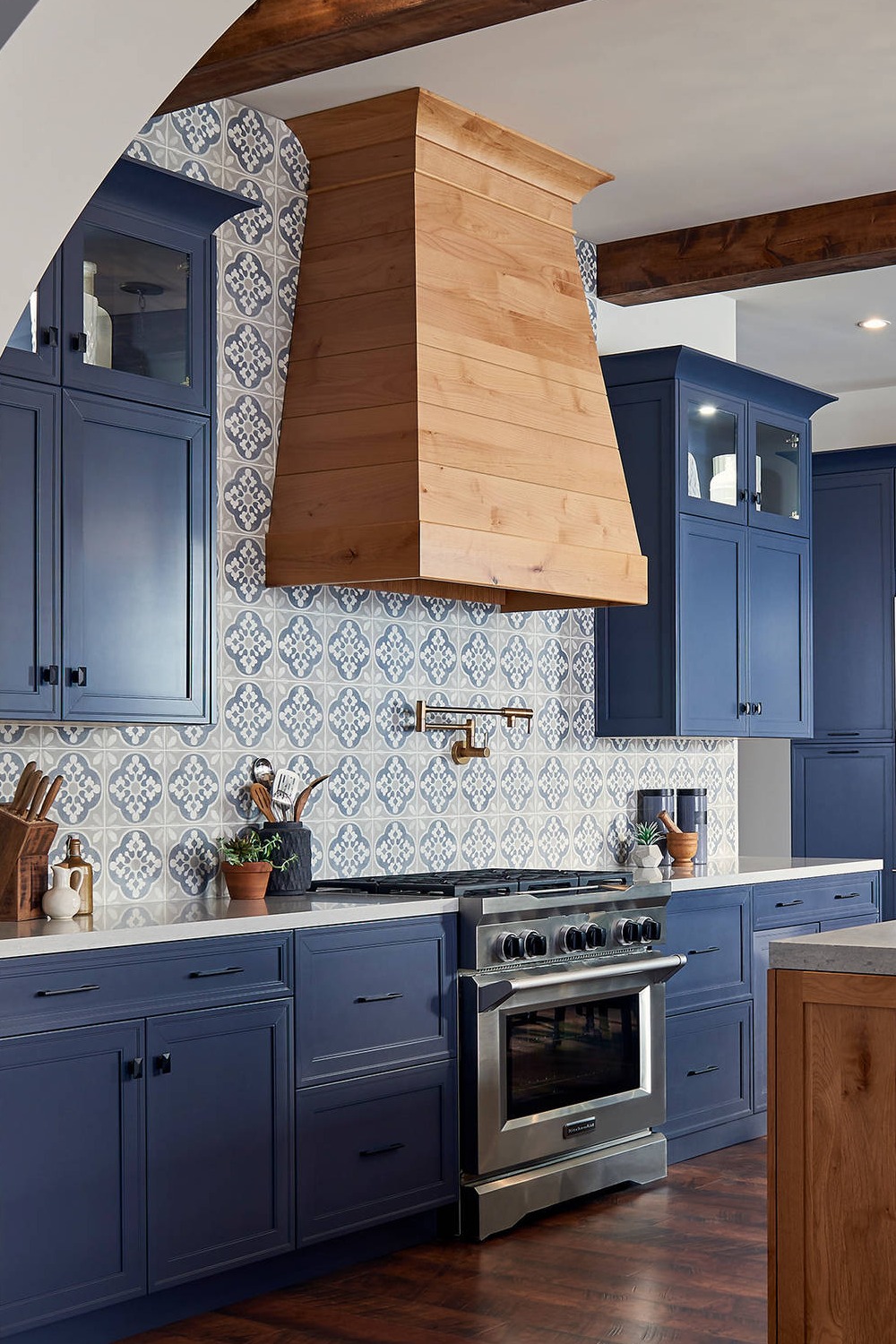 Light Blue Cabinets Kitchen Island Blue Kitchen With Blue Cabinets Wood Hood Cement Backsplash