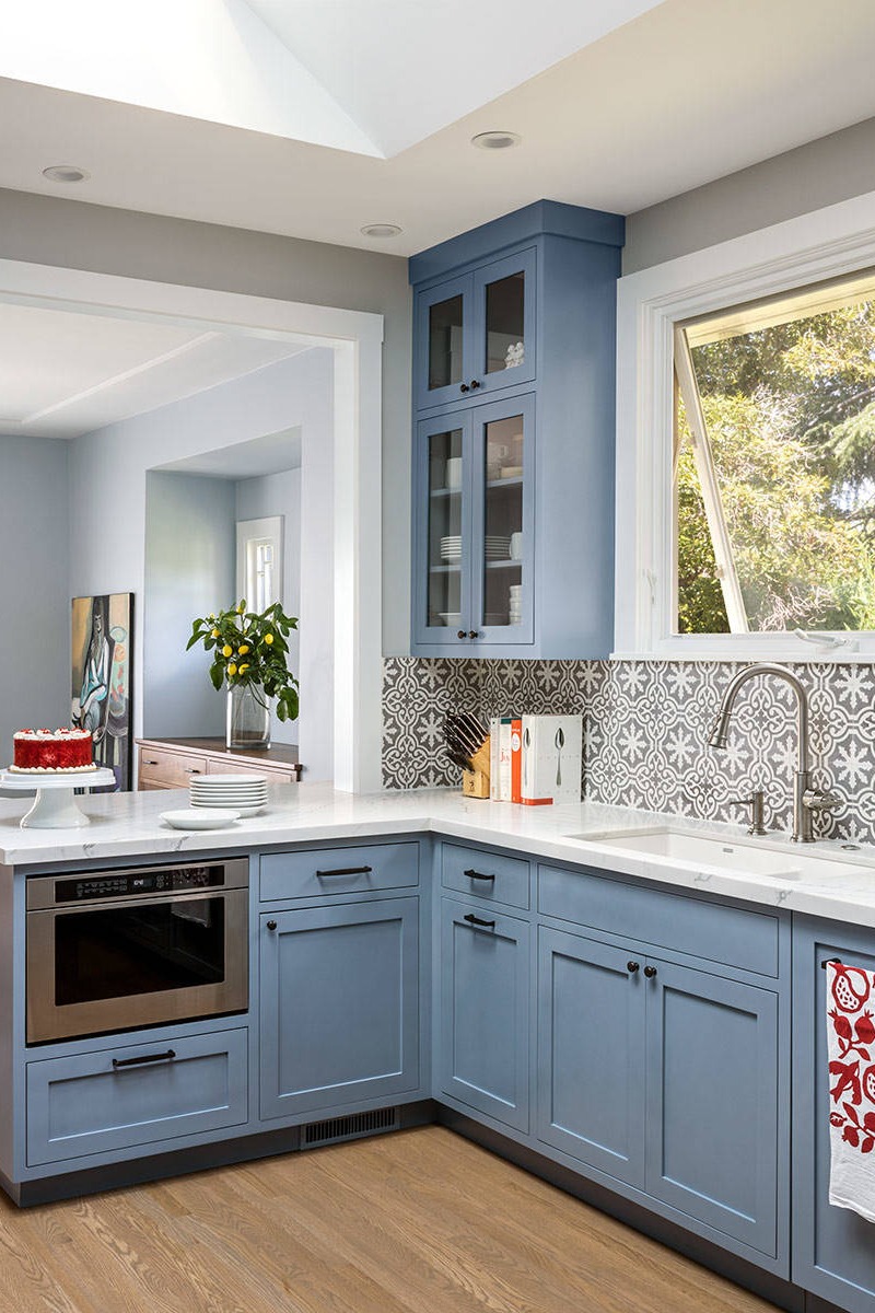 Light Blue Kitchen Cabinets Stainless Steel Appliances White Quartz Countertops Blue And White Kitchen Shaker Cabinets Color Scheme Bold Design World Black Hardware