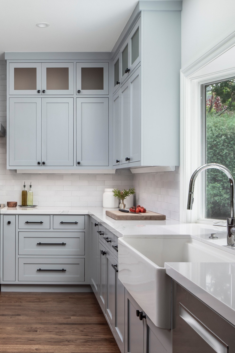 Light Kitchen Cabinets White Subway Tile Backsplash Bottom And Upper Turquoise Cabinets