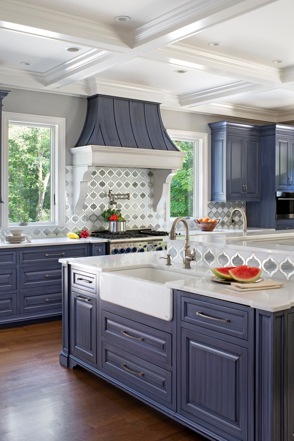 Two Toned Kitchen With Blue Cabinetry White Herringbone Tile Backsplash White Tiles Transitional Kitchen