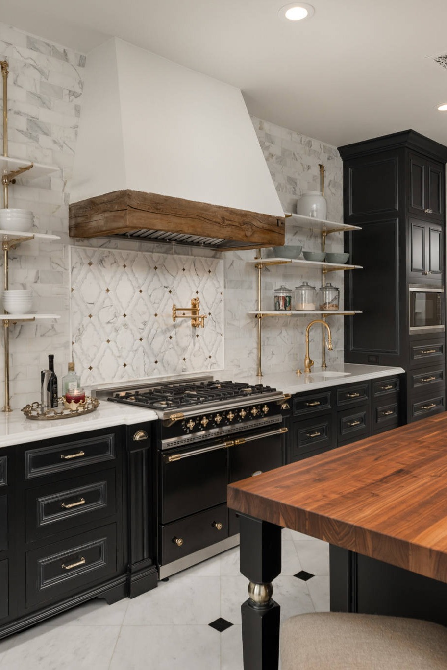 White Backsplash Wood Floors Brass Hardware Open Shelves Kitchen Design Cabinets