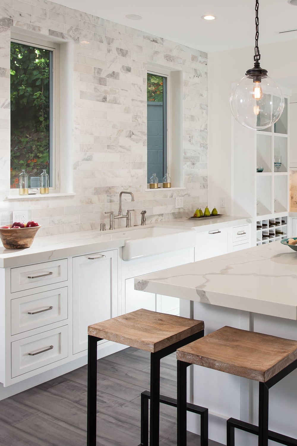 Classic Subway Tile Upper Cabinets White KItchen Cabinets Granite Countertops Marble Backsplash White Kitchen Cabinets