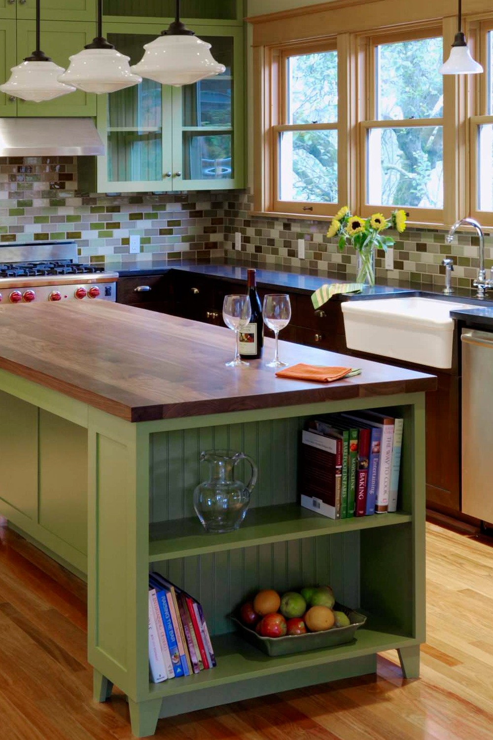 Blue Color Scheme Colorful Kitchen Cabinets Green Cabinetry Pendants Lights Backsplash