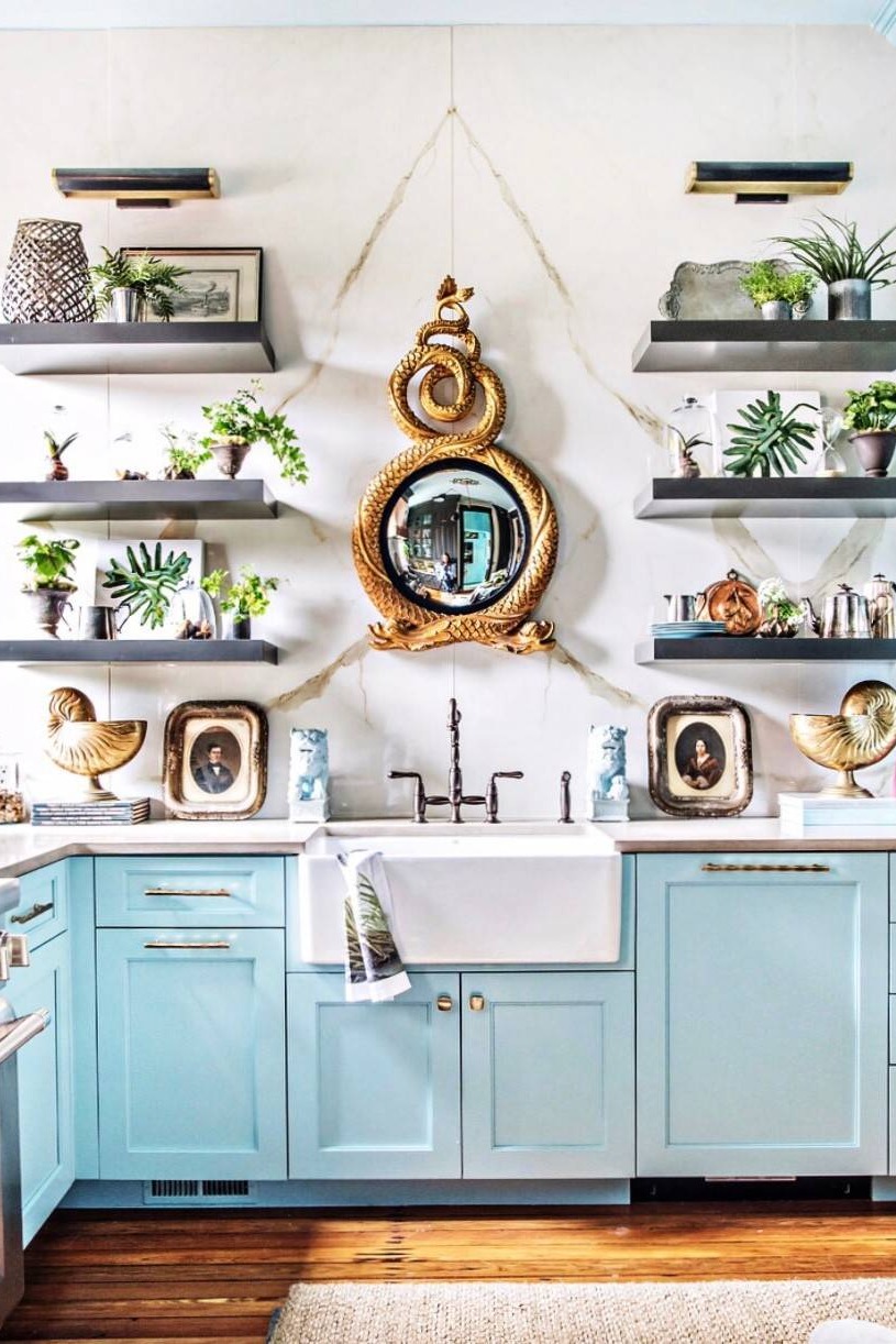 Light Blue Pale Blue Cabinets Green Shades Cooking Space One Of A Kind White Walls Room