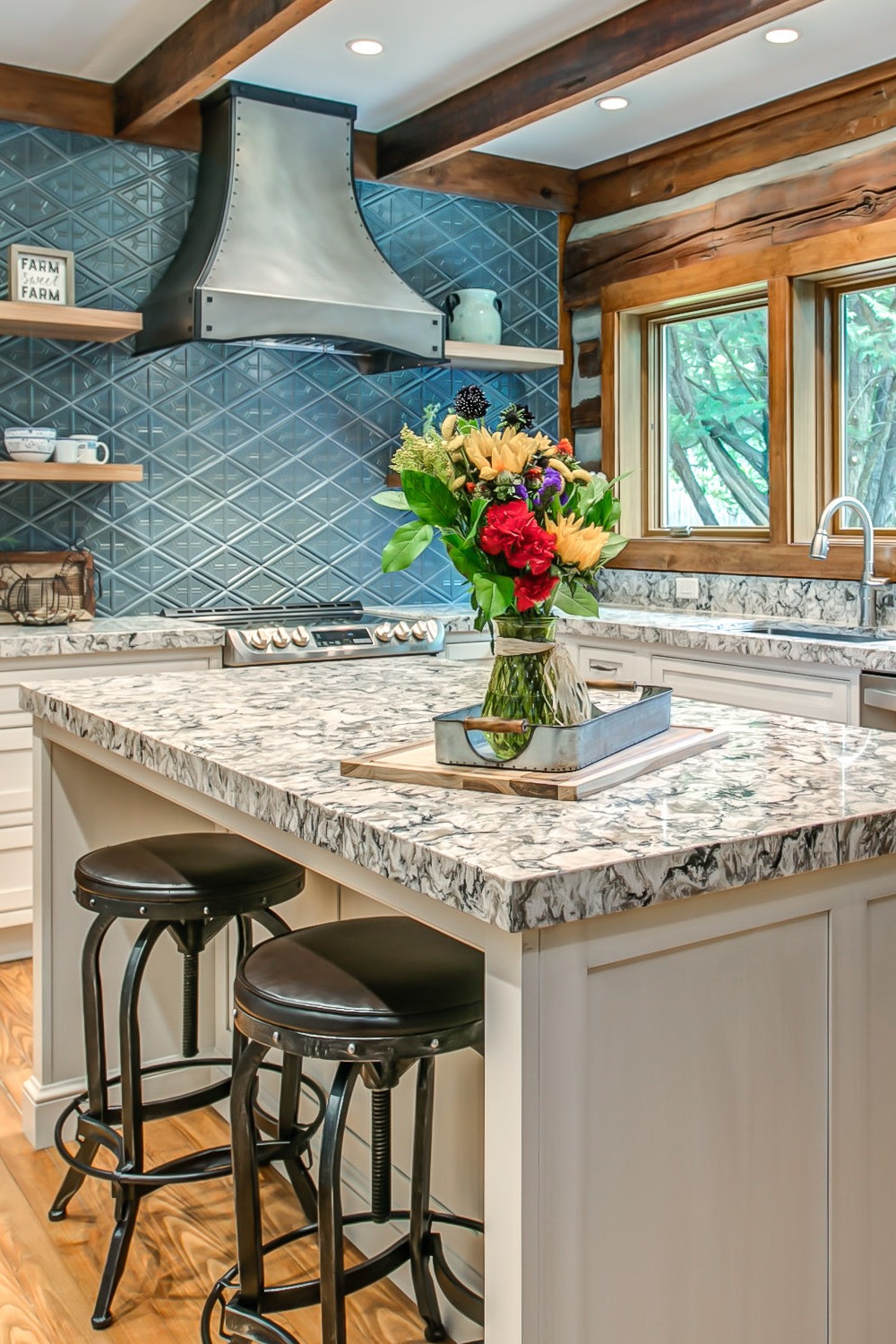 Marble Countertops Patterned Tile Bold Statement Gold Accents Paint Color Palette Warm Colors Green Blue Light