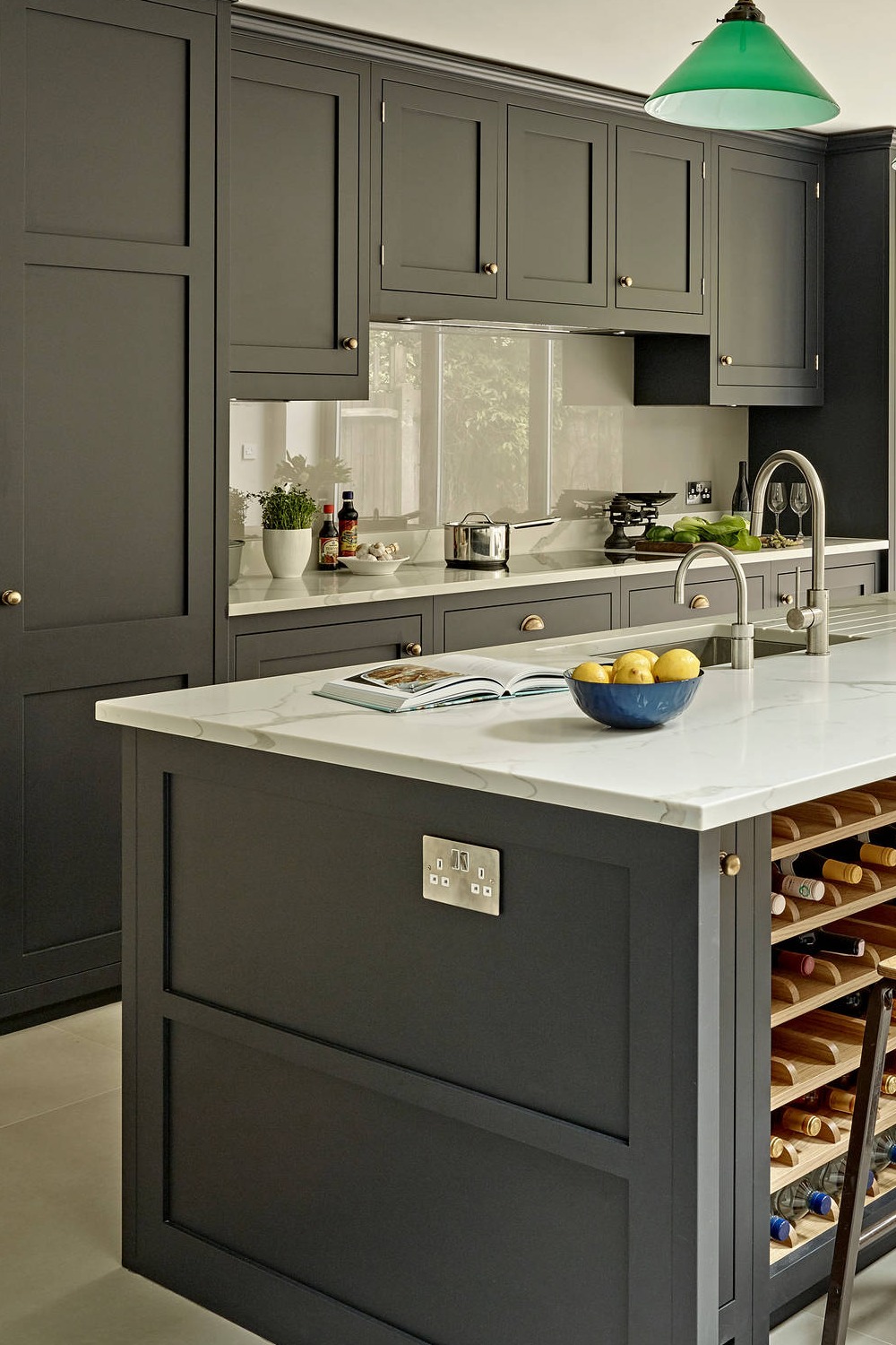 Dark Green Kitchen Cabinets Shaker Style Save White Quartz Countertops Green Pendants