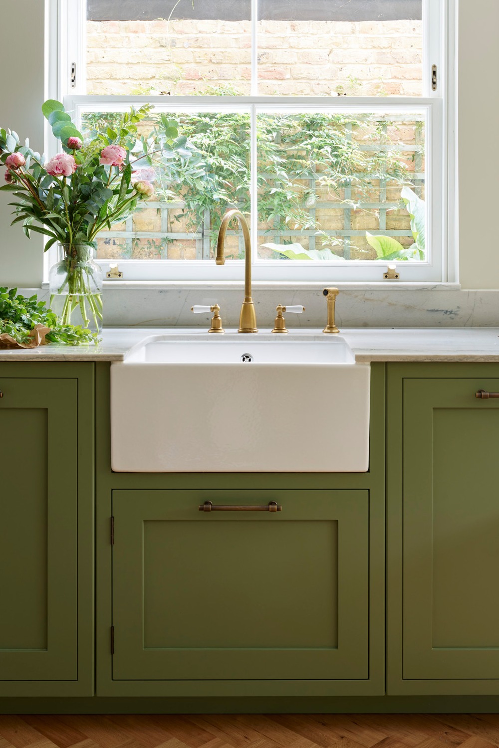 Green Cabinets Farmhouse Kitchen Sink Cart Add White Countertops Wood Floor Brass Faucet