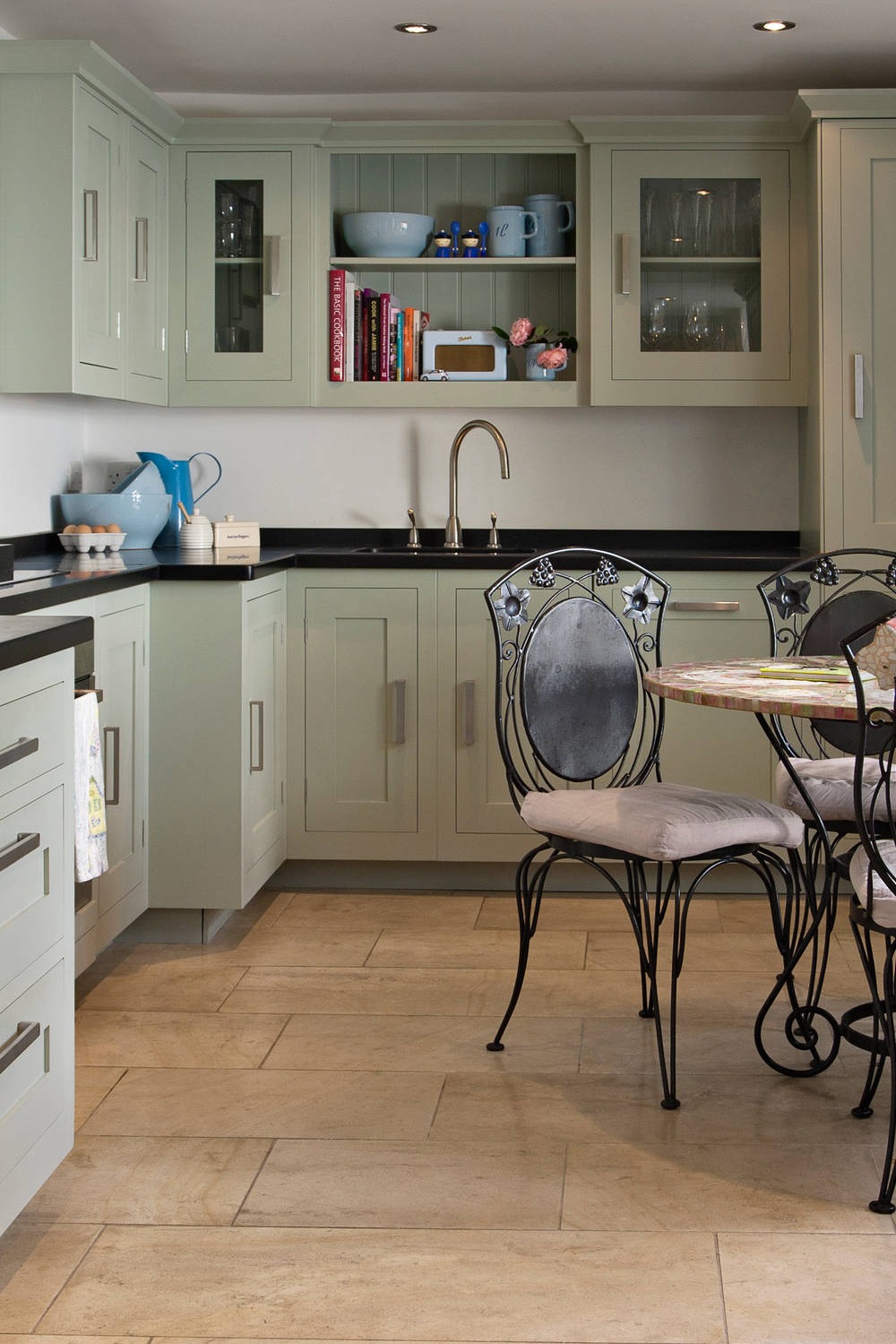 Green Cabinets Save Cart Add Black Countertops Kitchen Shaker Travertine Floor