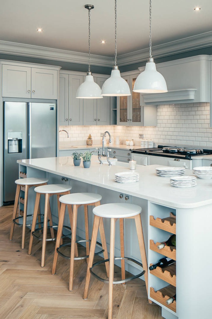 Green Kitchen Ideas White Quartz Counters Wood Floors Pendant Lights