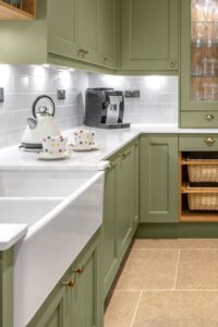Green Shaker Kitchen Cabinets Farmhouse Subway Backsplash Tiles