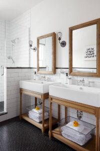 Bathroom Decor Ideas Space Mirror Penny Tiles Subway Backsplash Brown Cabinets