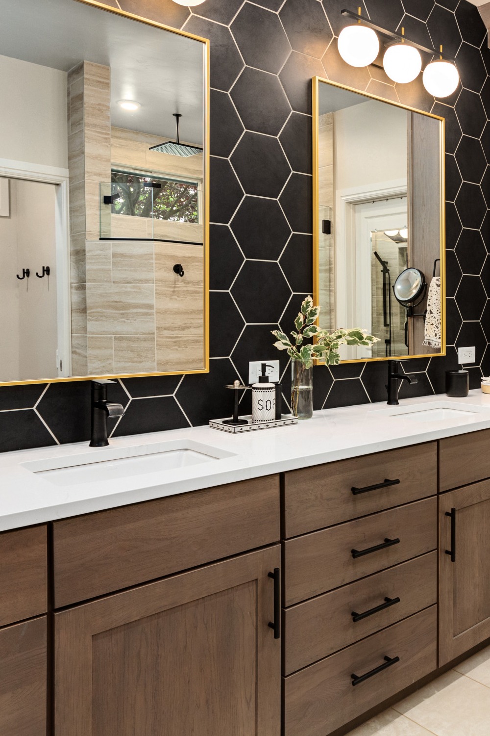 Black Tile Re Bath Bathroom Shower Remodel Brown Vanity Cabinets Black Faucets Handles