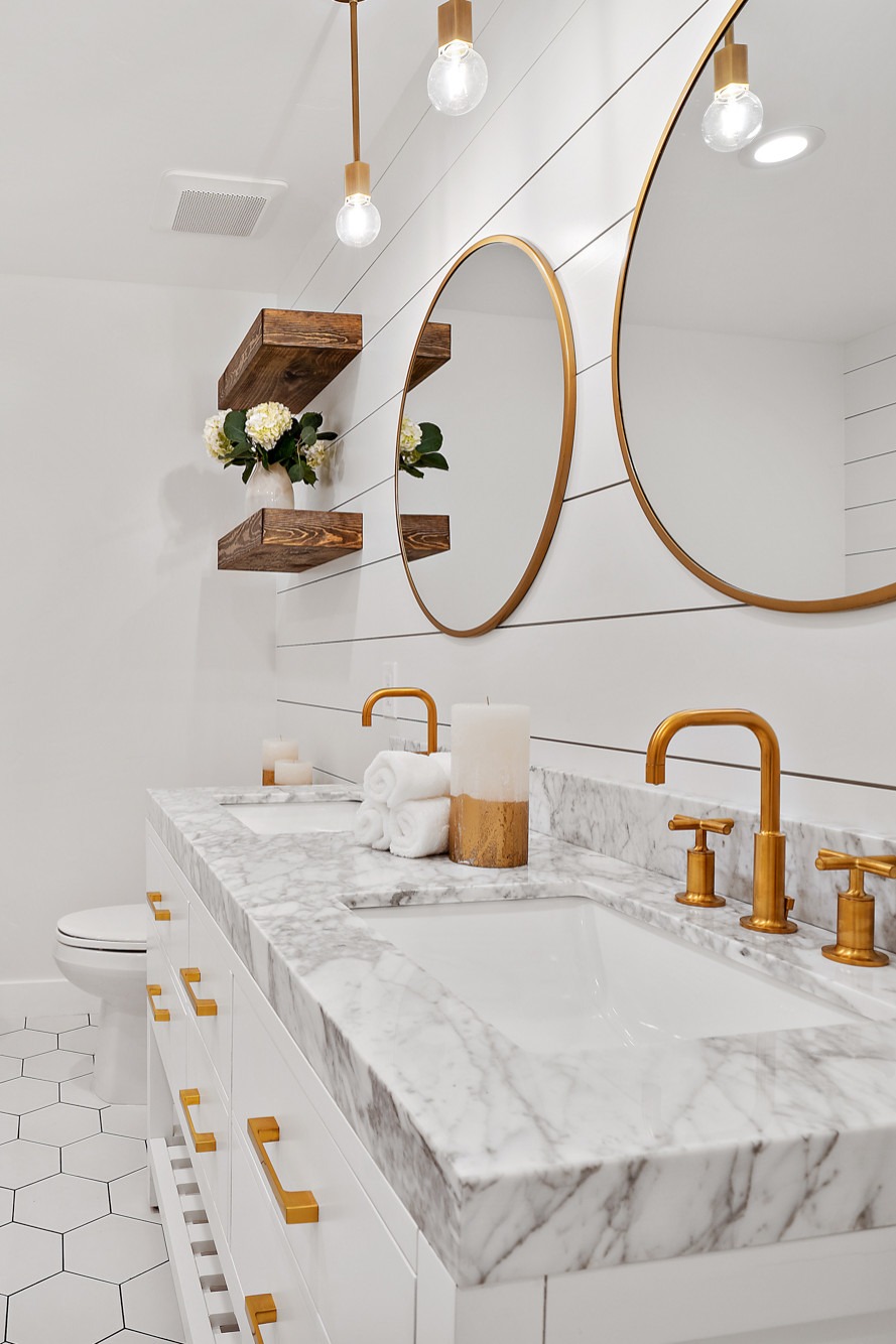 Re Bath Bathroom Remodel Shower Tile Brass Fixtures Marble Countertop Shelves Round Mirror