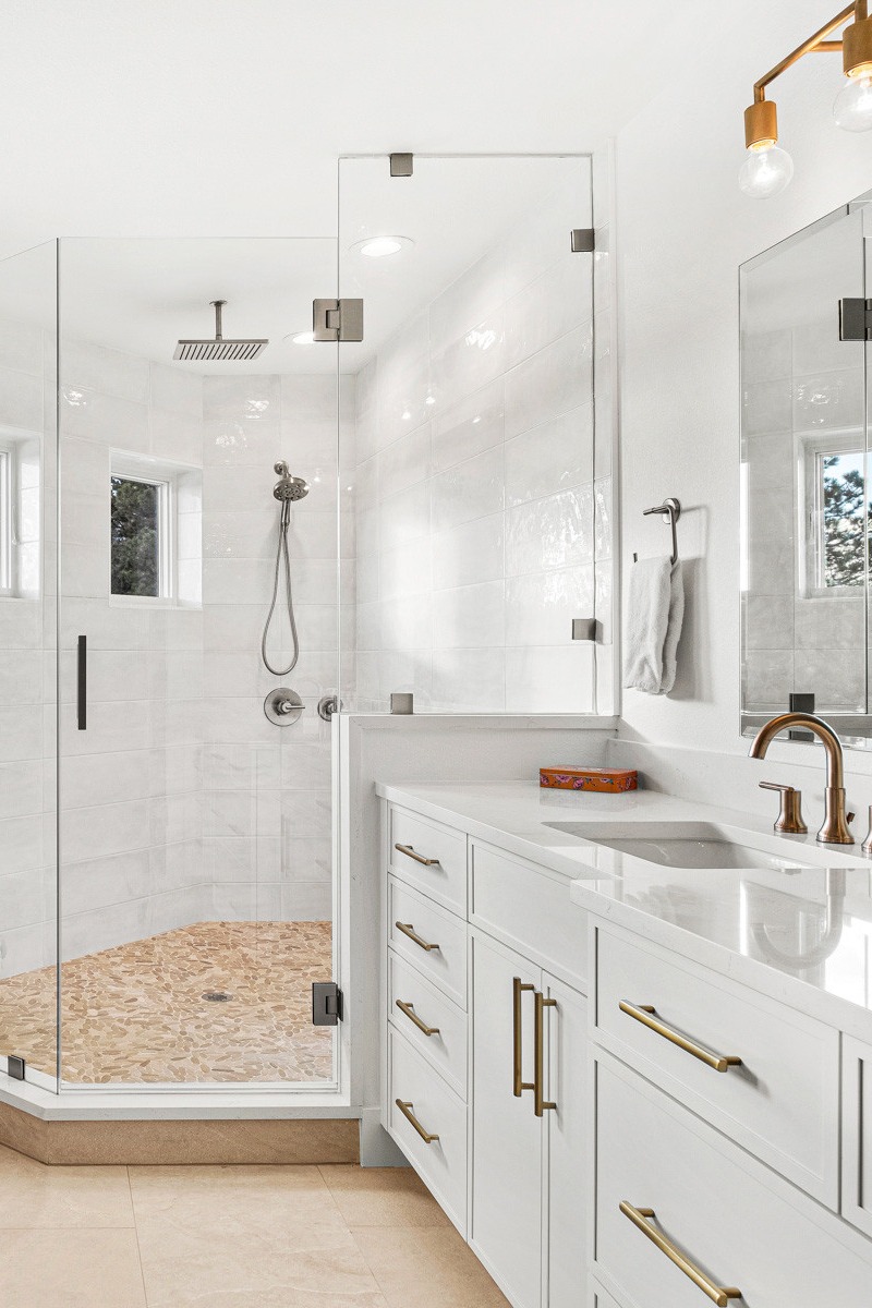 Sink Tile Bathroom Remodel Re Bath Tub Shower White Cabinets Quartz Countertops Faucet