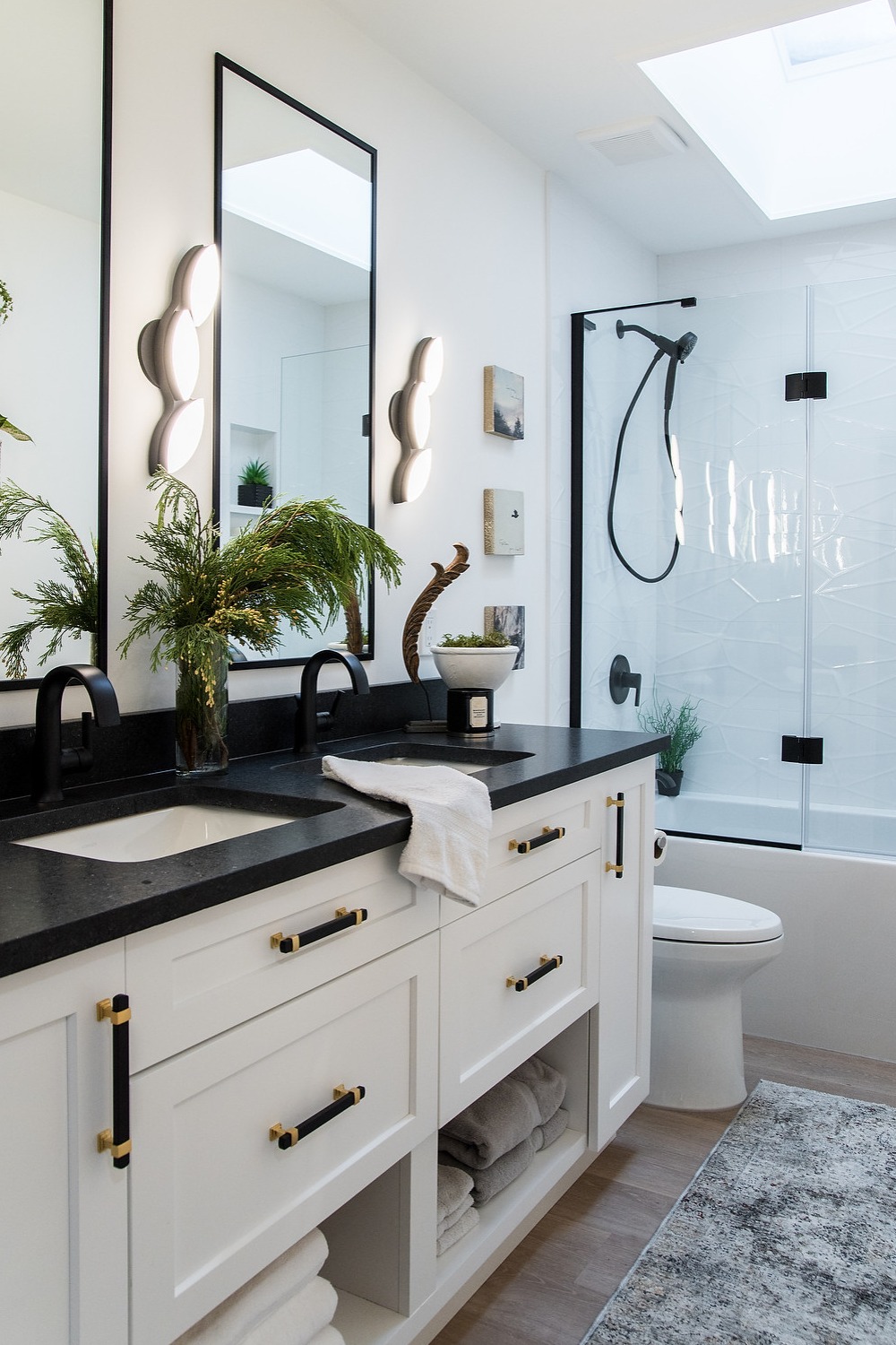 Tile Shower Bathroom Remodel Re Bath Black Countertop White Vanity Cabinet Handles Floor